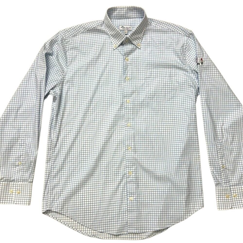 Peter Millar Mens Large Blue White Plaid Dress Shirt 3M Open Embroidery Size L